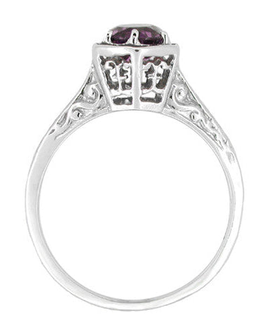 Hexagon Art Deco 3/4 Carat Amethyst Engraved Filigree Engagement Ring in 14K White Gold - alternate view