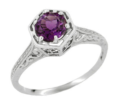 Hexagon Art Deco 3/4 Carat Amethyst Engraved Filigree Engagement Ring in 14K White Gold