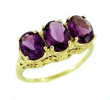 Edwardian Three Stone Filigree Vintage Amethyst Ring in Yellow Gold - Oval Amethyst - R159