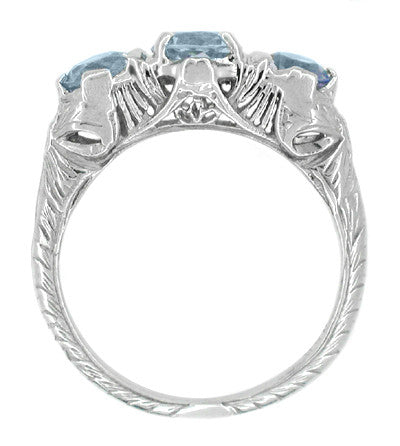 Art Deco Aquamarine Filigree Three Stone Ring in 14 Karat White Gold - Item: R153 - Image: 2