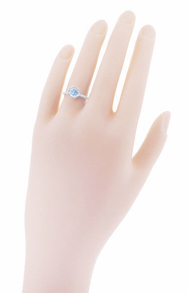 Filigree Hexagon Art Deco Engraved 3/4 Carat Aquamarine Engagement Ring in 14K White Gold - Item: R180 - Image: 3