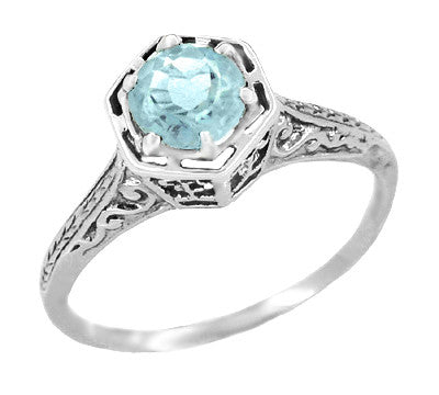Filigree Hexagon Art Deco Engraved 3/4 Carat Aquamarine Engagement Ring in 14K White Gold