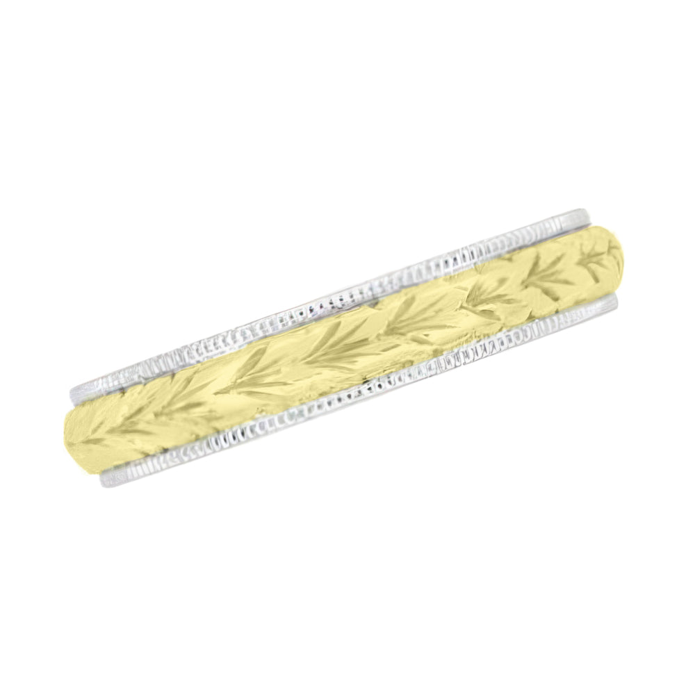 Art Deco Mixed Metals Millgrain Edge Hand Engraved Wheat Wedding Ring in 14 Karat Two Tone White and Yellow Gold - 4mm Wide - Item: R636YW - Image: 3
