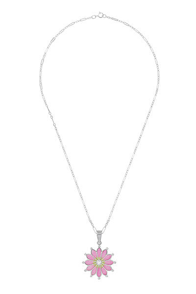 Art Nouveau Plique a Jour Enamel Flower Pendant Necklace in Sterling Silver with White Sapphire | Original Vintage Circa 1910 Design - Item: P121W - Image: 3