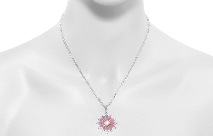 Art Nouveau Plique a Jour Enamel Flower Pendant Necklace in Sterling Silver with White Sapphire | Original Vintage Circa 1910 Design - Item: P121W - Image: 4