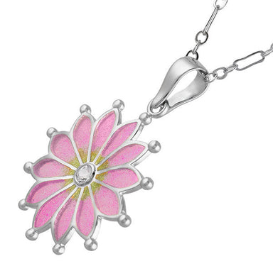 Art Nouveau Plique a Jour Enamel Flower Pendant Necklace in Sterling Silver with White Sapphire | Original Vintage Circa 1910 Design - alternate view