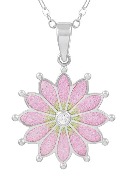 Art Nouveau Plique a Jour Enamel Flower Pendant Necklace in Sterling Silver with White Sapphire | Original Vintage Circa 1910 Design