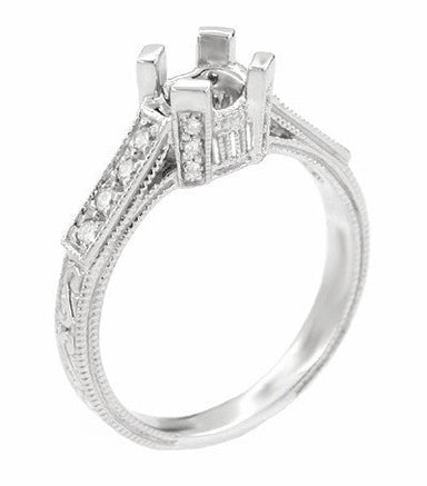 Art Deco 1/2 Carat Diamond Filigree Castle Engagement Ring Mounting in 18 Karat White Gold