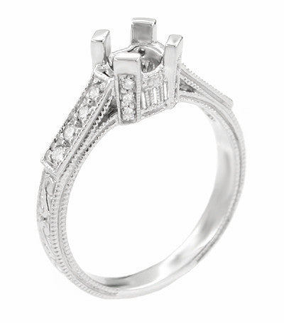 Art Deco 1/2 Carat Diamond Filigree Castle Engagement Ring Mounting in 18 Karat White Gold