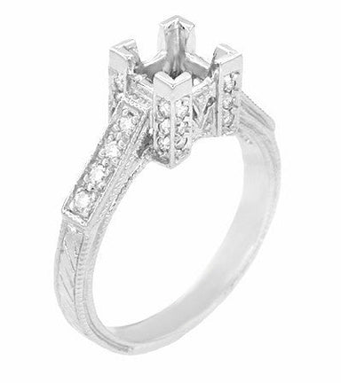 Art Deco Platinum 1/2 Carat Square Princess Cut Diamond Castle Engagement Ring Semimount