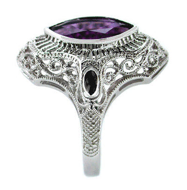 Art Deco Amethyst Filigree Cocktail Ring in 14 Karat White Gold - alternate view