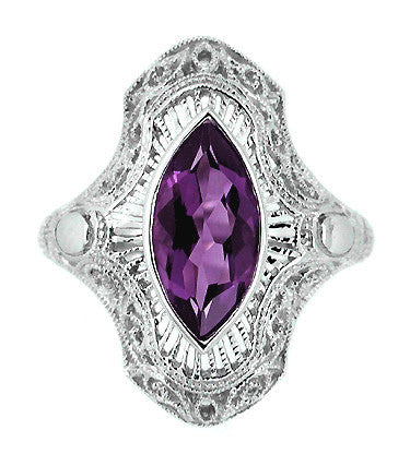Art Deco Amethyst Filigree Cocktail Ring in 14 Karat White Gold