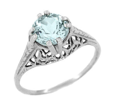 Art Deco Solitaire Aquamarine Trellis Antique Filigree Engagement Ring in White Gold - 7mm Round - R171