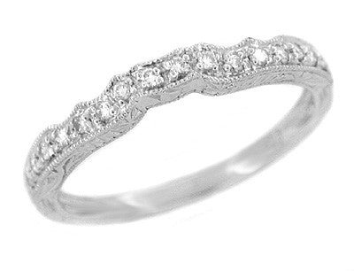 Art Deco Scalloped Engraved Contoured Diamond Wedding Band in Platinum
