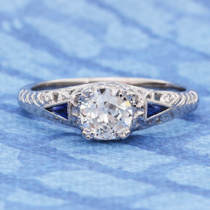 Art Deco 3/4 - 1 Carat Filigree Engagement Ring Setting in 14 Karat White Gold with Blue Sapphire Side Stones - Item: R237 - Image: 4