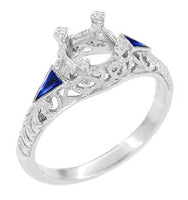 Art Deco 3/4 - 1 Carat Filigree Engagement Ring Setting in 14 Karat White Gold with Blue Sapphire Side Stones