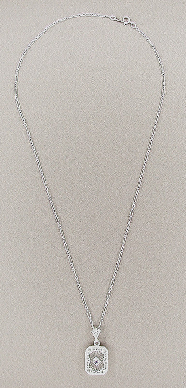 Art Deco Filigree Sapphire and Diamond Set Crystal Pendant Necklace in Sterling Silver - alternate view