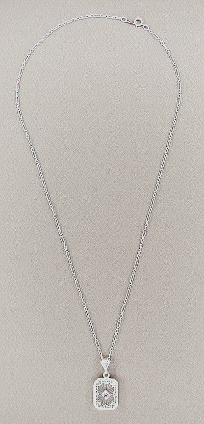 Art Deco Filigree Sapphire and Diamond Set Crystal Pendant Necklace in Sterling Silver - Item: N114 - Image: 2