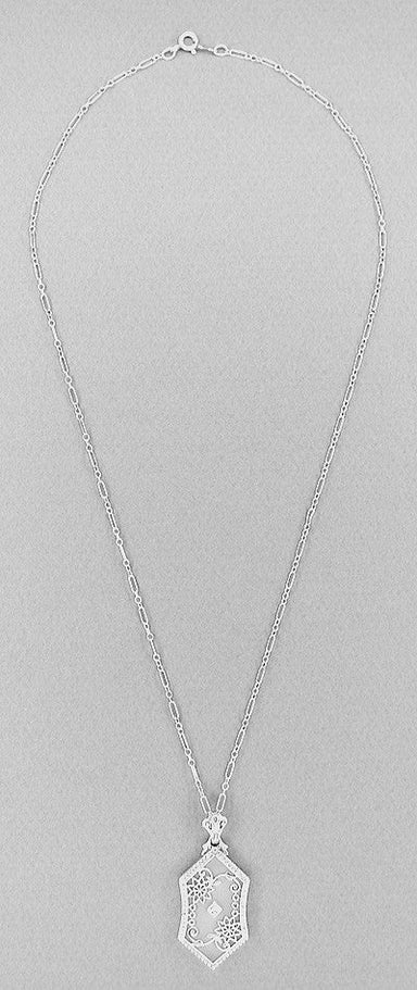 Art Deco Floral Filigree Camphor Crystal and Diamond Pendant Necklace in Sterling Silver - alternate view