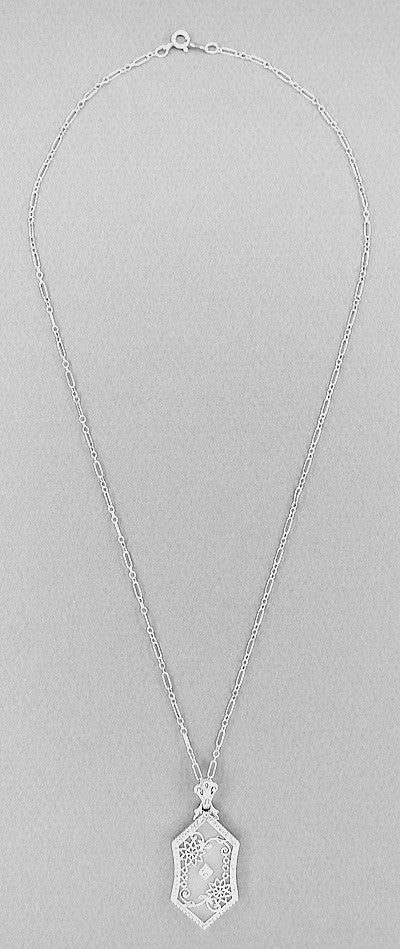 Art Deco Floral Filigree Camphor Crystal and Diamond Pendant Necklace in Sterling Silver - Item: N122 - Image: 2