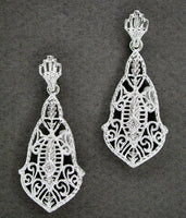 Heirloom Art Deco Filigree Dangling Diamond Earrings in 14 Karat White Gold