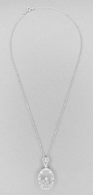 Art Deco Filigree Oval Sunray Crystal and Diamond Pendant Necklace in Sterling Silver - alternate view