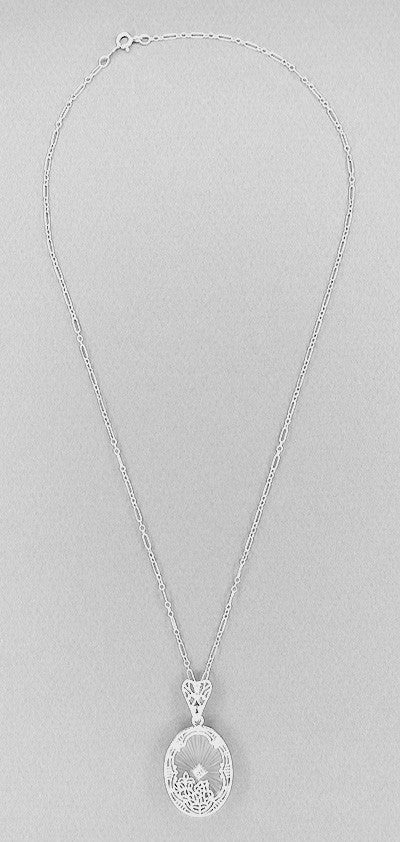 Art Deco Filigree Oval Sunray Crystal and Diamond Pendant Necklace in Sterling Silver - Item: N120 - Image: 2