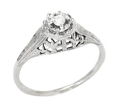 Art Deco Filigree Petite Diamond Ring in 14 Karat White Gold