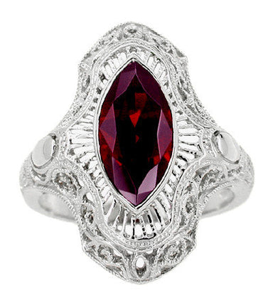 Art Deco Garnet Filigree Cocktail Ring in 14 Karat White Gold