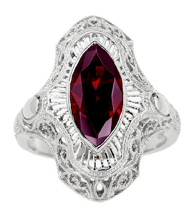 Art Deco Garnet Filigree Cocktail Ring in 14 Karat White Gold