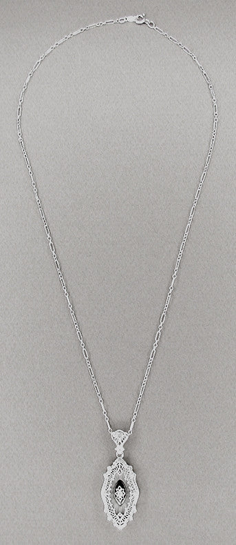 Art Deco Onyx, Camphor Crystal & Diamond Filigree Pendant Necklace in Sterling Silver - alternate view