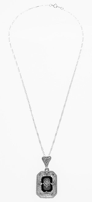 Art Deco Rectangular Onyx, Camphor Crystal and Diamond Filigree Necklace Pendant in Sterling Silver - alternate view