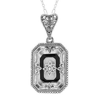 Art Deco Rectangular Onyx, Camphor Crystal and Diamond Filigree Necklace Pendant in Sterling Silver