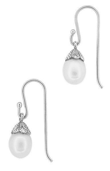 Art Deco Pearl Drop Earrings in 14 Karat White Gold - alternate view