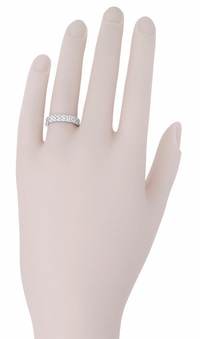 Woman's Hand with 1960's Basket Weave Wedding Band in White Gold - 4mm Wide - R271