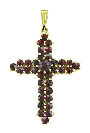 Victorian Bohemian Garnets Straightline Cross Pendant in Yellow Gold Vermeil Over Sterling Silver