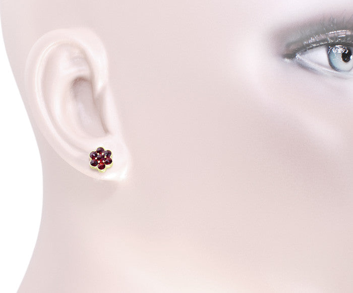 Bohemian Garnet Flower Victorian Stud Earrings in 14 Karat Yellow Gold and Sterling Silver Vermeil - Item: E131 - Image: 2