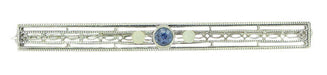 Art Deco Filigree Sapphire and Pearls Long Antique Brooch in 14 Karat White Gold