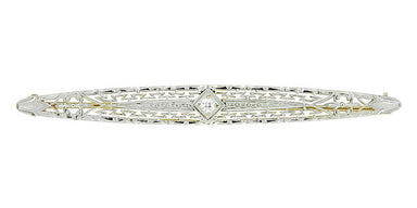 Krementz Art Deco Filigree Diamond Antique Engraved Bar Brooch in Mixed Metal 14K Yellow Gold and Platinum