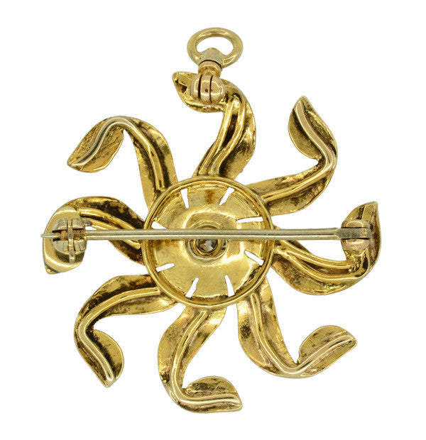 Antique Victorian 0.22 Carat Old European Cut Diamond and Seed Pearl Sunburst Brooch in 10 Karat Gold - Convertible Pin / Pendant - Item: BR210 - Image: 3