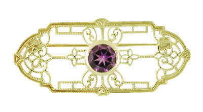 Edwardian Filigree Amethyst Brooch in 14 Karat Yellow Gold