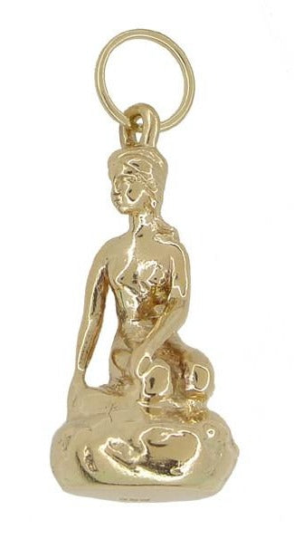 Danish Little Mermaid Statue Charm in 14K Yellow Gold - Edvard Eriksen Copenhagen Vintage Den lille Havfrue Pendant - C365