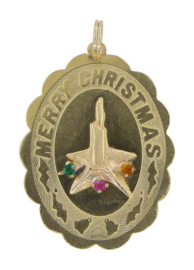 Antique Gem Set Merry Christmas Candle Pendant in 14 Karat Gold