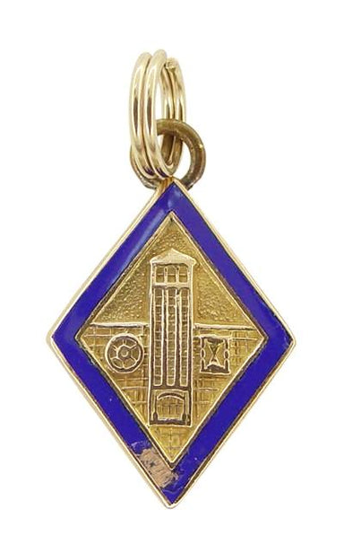 1940's Vintage Sears 15 Years of Service Commemorative Charm in 10 Karat Yellow Gold with Blue Enamel