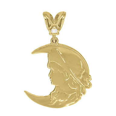 Art Nouveau Lady in the Moon Diamond Pendant in 14 Karat Yellow Gold