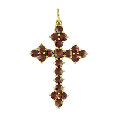 Bohemian Red Garnet Gothic Cross Pendant in Sterling Silver with Yellow Gold Vermeil