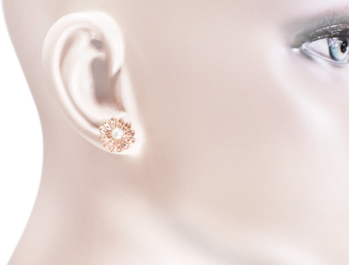 Victorian Sunflower 14 Karat Rose Gold Pearl Stud Earrings - Item: E121R - Image: 2