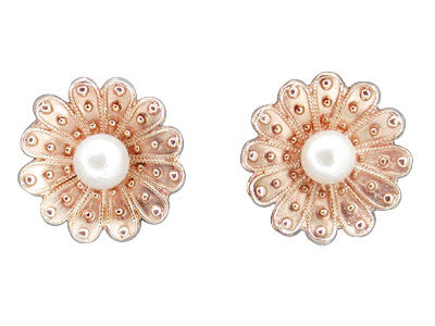 Victorian Sunflower 14 Karat Rose Gold Pearl Stud Earrings