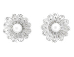 Pearl Stud Victorian Sunflower Earrings in 14K White Gold