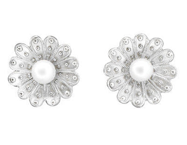 Pearl Stud Victorian Sunflower Earrings in 14K White Gold